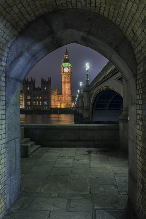 Big Ben and Westminster Bridge 2 viewed from an archway