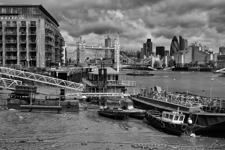Tower Bridge and Houseboats from Butlers Wharf along River Thames in Southwark